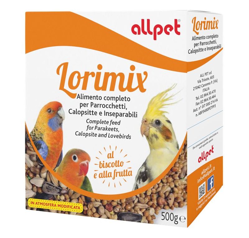 All pet Lorimix è un alimento completo per parrocchetti, calopsite e inseparabili. Realizzato con mix di semi con aggiunta di frutta e biscotto, 500 gr.
